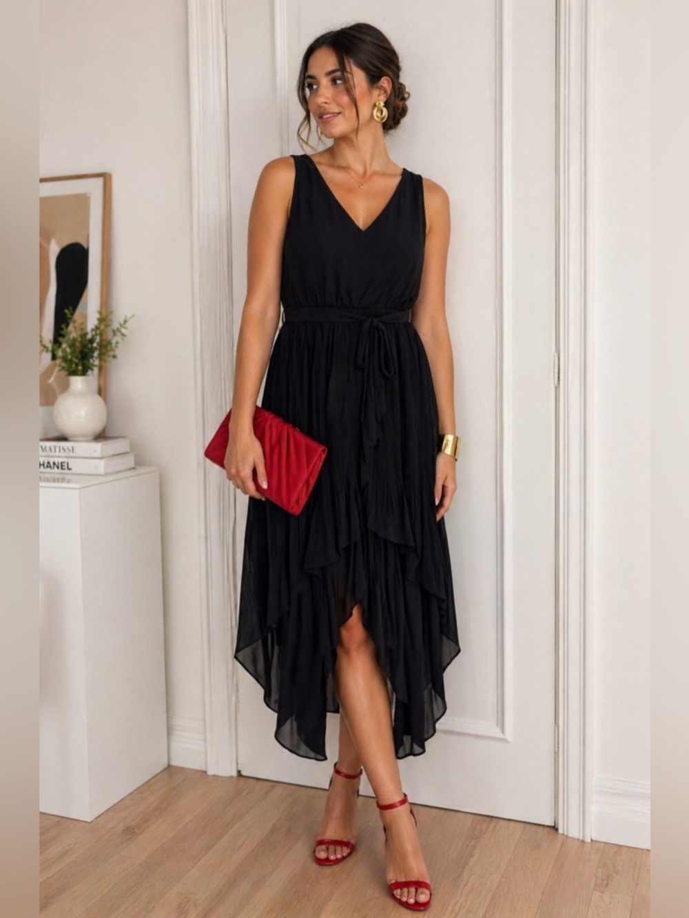 Lily Rose Black Sleeveless High-Low Pleated Dress